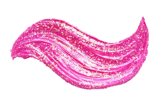 Abstract pink glitter wave flowing and scattering isolated on transparent background. Pink glitter paint brush stroke isolated on white background.