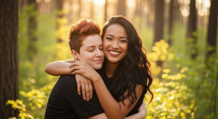 Fototapeta premium A Happy Couple Embracing in a Sunlit Forest