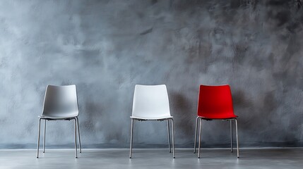 Row of white and red chairs in front of a concrete wall.