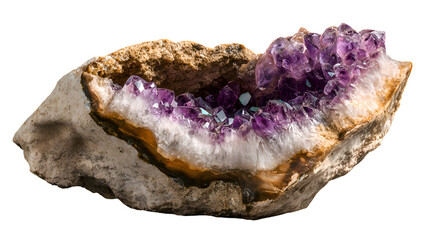 Intricate Amethyst Geode Cluster on a Tan and White Rock Formation with a Transparent Background, Showcasing Detailed Crystal Structures and Vibrant