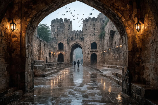 Rain falls on the ancient arches of Golconda Fort - Powered by Adobe