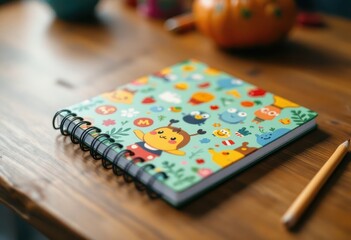 Fototapeta premium Spiral-bound notebook with colorful character designs.
