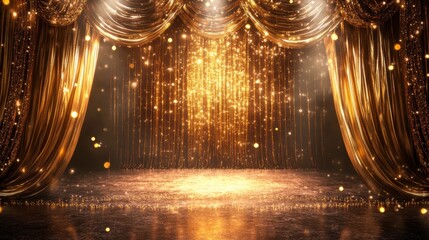 Golden stage curtain with sparkling lights, ready for a performance or awards ceremony.