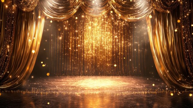 Golden stage curtain with sparkling lights, ready for a performance or awards ceremony.