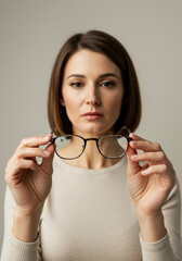 Woman holding eyeglasses with splattered dirty lenses