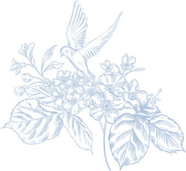 Vintage Toile de Jouy bouquet with Blue flowers and Swallows.