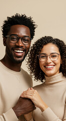 Casal sorridente usando óculos com fundo neutro