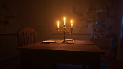 Haunted Dining Room with Floating Candelabra Over Abandoned Table