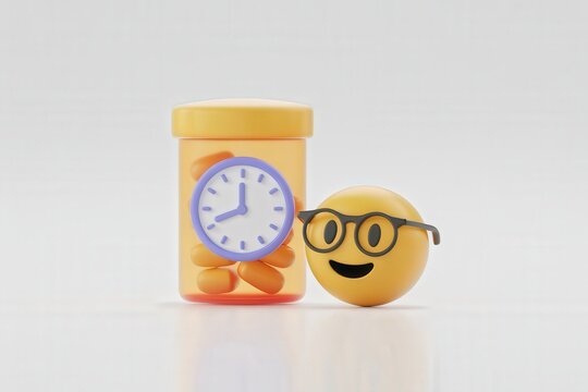 3D pill bottle with clock and smiling emoji symbolizing medication adherence reminder