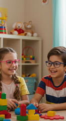 Happy children with eyeglasses playing with building blocks at school