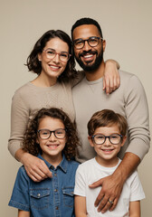 Smiling family wearing eyeglasses on neutral background