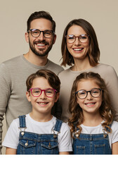 Smiling family wearing eyeglasses on neutral background