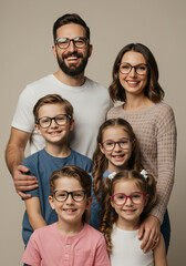 Smiling family wearing eyeglasses on neutral background