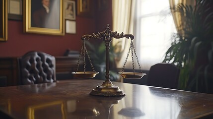 Scales of justice on a table in a courtroom or law enforcement office