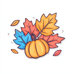 Naklejka premium Autumn pumpkin with colorful leaves in orange, red, and blue, creating festive and cheerful fall decoration