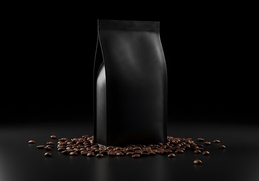 A black coffee bag stands amidst scattered coffee beans on a dark, reflective surface.