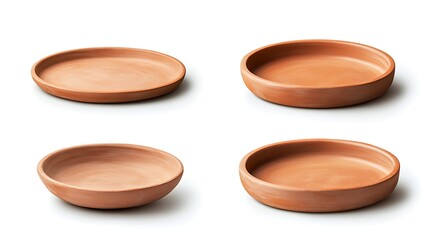 Set of brown ceramic plates on a white background.