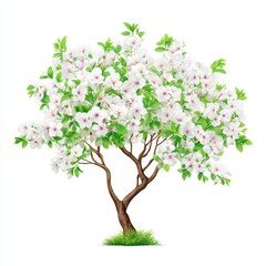Blooming Tree with White Flowers and Green Leaves on White Background Illustration