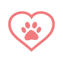 Coral heart shape with paw print inside on white background animal love