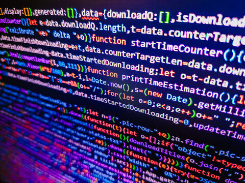 Writing programming code. Shallow Depth of Field effect. Script on computer with source code. SEO concepts for better SERP. M. Computer code data
