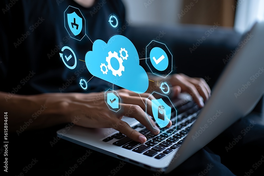 Poster person using a laptop with glowing blue digital cloud technology and security icons symbolizing data