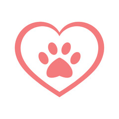 Coral heart with paw print inside on white background animal love