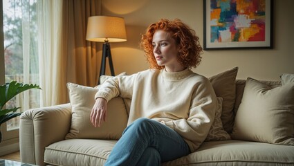 Obraz premium Thoughtful Young Woman with Red Hair Relaxing on Sofa at Home