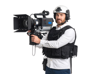 Professional videographer with camera gear and protective vest