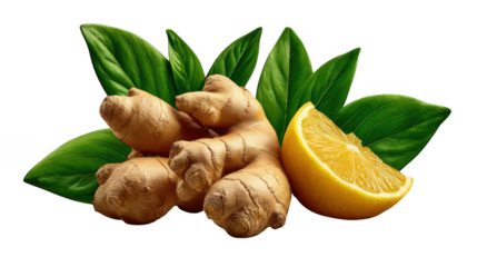Fresh ginger root and lemon slice with green leaves isolated on transparent background