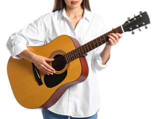 Young Woman Playing Acoustic Guitar in Casual White Shirt