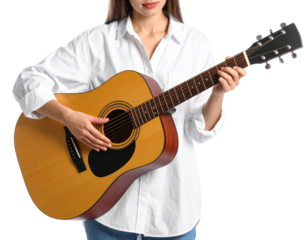 Young Woman Playing Acoustic Guitar in Casual White Shirt
