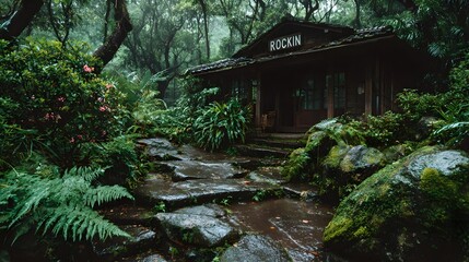 Naklejka premium Stone path leading to a wooden building in a lush, mossy forest.