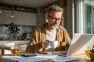 Man works from home, sips coffee, uses laptop. Remote work, freelancer, modern kitchen, natural light, beard, glasses. For marketing, web design, editorial.