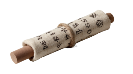 An ancient scroll filled with symbols, wrapped with twine and ready to be unraveled.