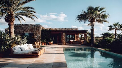Fototapeta premium Stone house exterior with a pool and patio furniture.