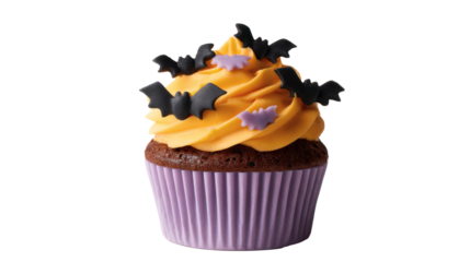 A delicious Halloween cupcake with orange frosting and bat decorations.