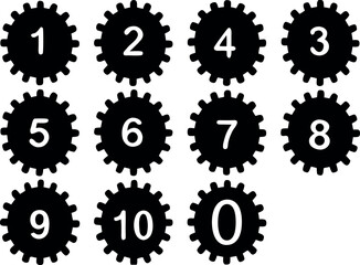 Numbered Gear Icons Set – Black Cogwheel Symbols with White Digits 0 to 10

