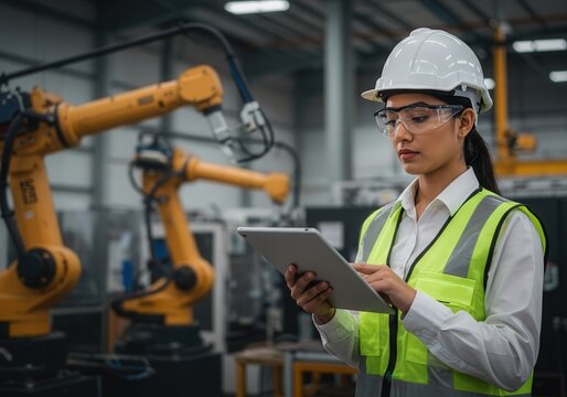Female engineer operating industrial robot in modern factory with tablet