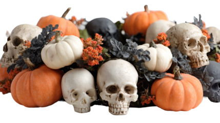 Halloween decor with pumpkins, skulls and autumn foliage in a decorative arrangement