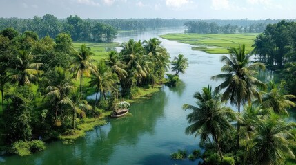 Obraz premium River and Palm Trees in Verdant Tropical Landscape