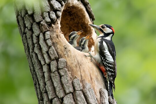 Woodpecker feeding hungry chicks in their tree nest makes you feel the joy of nature and the heartwarming moments of wildlife parenting in the forest