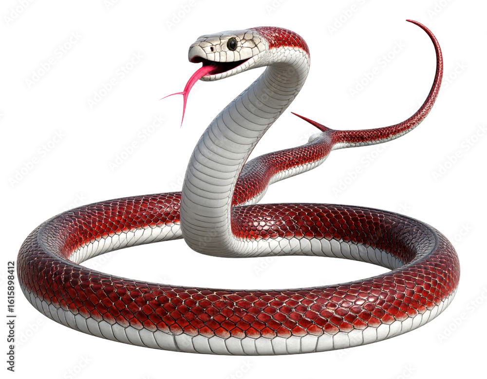 Poster realistic red and white snake with forked tongue displaying aggression