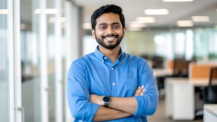 Naklejka premium Confident Indian businessman with arms crossed smiles in modern office space