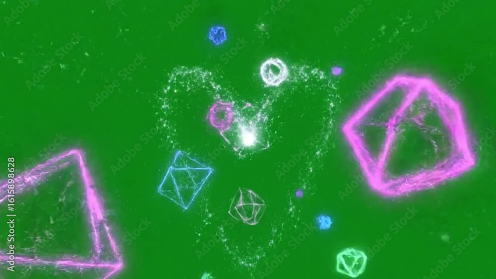 Poster geometric neon shapes float against a green backdrop with luminous outlines a scattering of digital 