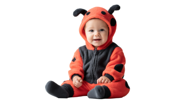 Happy baby in a ladybug costume smiles, creating an adorable and fun portrait.