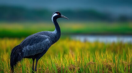 Obraz premium Demoiselle Crane Standing in a Rice Paddy