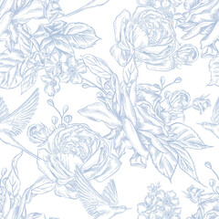 Fototapeta premium Vintage Toile de Jouy Pattern with Blue Roses and Swallows. Seamless floral and bird illustration