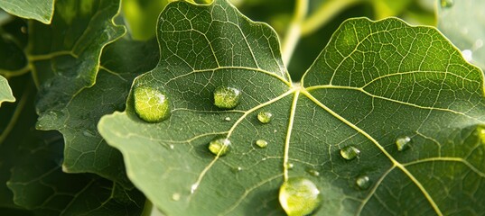 Fototapeta premium Close-Up of Green Leaves with Water Droplets on Surface