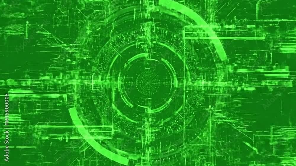 Aufkleber green computer screenlike view with circular and linear details suggestive of a radar or scan evokin