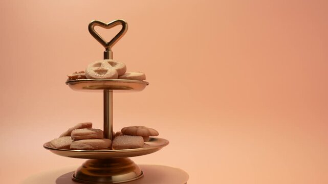 A full two-tier golden tray loaded with butter cookies rotates against a pastel background. The heart-shaped handle emphasizes a warm, festive feeling.